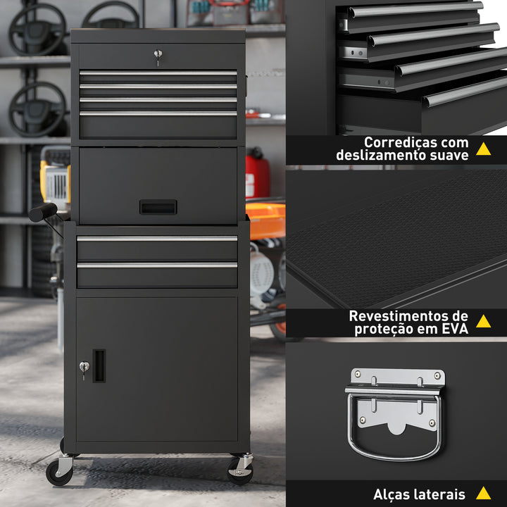 Carrinho de Ferramentas com 6 Gavetas e Fechos 3 em 1 Carrinho de Oficina Móvel com Rodas e Painel Lateral Perfurado Caixa de Ferramentas Desmontável de Aço para Oficina Garagem 60,5x33,5x131 cm Preto