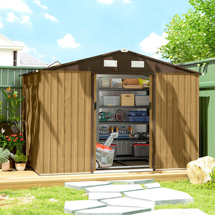Abrigo de Jardim Exterior 4,9 m², 277x195x192 cm, Casota de Jardim Metálica com Porta de Correr, Ventilação e Kit de Fundação, para Armazenamento de Ferramentas, Castanho Claro