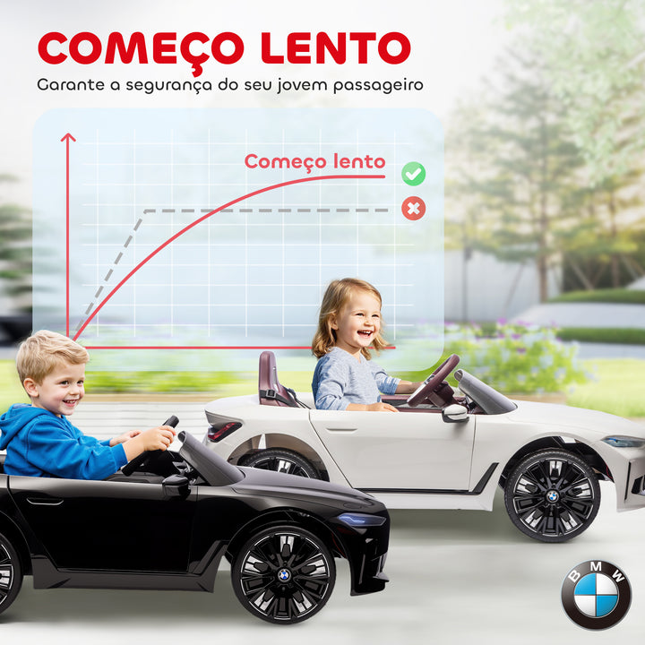 Carro Elétrico para Crianças 37-72 Meses com Licença BMW i4 Carro a Bateria 12V com Controlo Remoto Música MP3 Ecrã Luzes e Cinto de Segurança 115x67x45 cm Preto