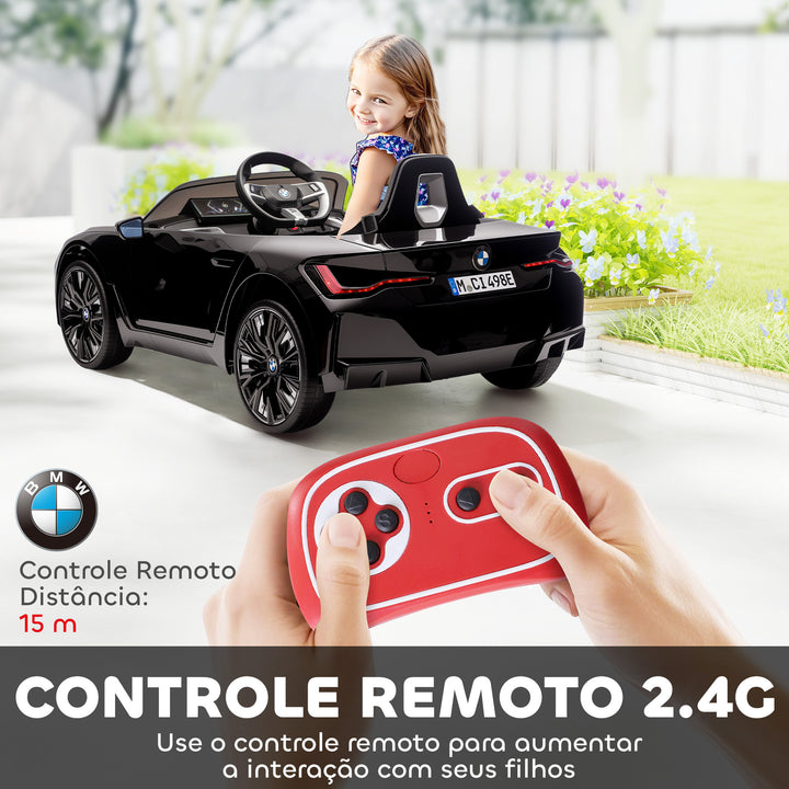 Carro Elétrico para Crianças 37-72 Meses com Licença BMW i4 Carro a Bateria 12V com Controlo Remoto Música MP3 Ecrã Luzes e Cinto de Segurança 115x67x45 cm Preto