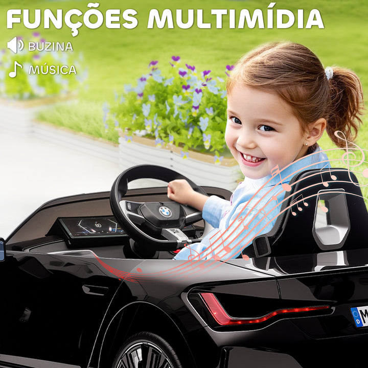 Carro Elétrico para Crianças 37-72 Meses com Licença BMW i4 Carro a Bateria 12V com Controlo Remoto Música MP3 Ecrã Luzes e Cinto de Segurança 115x67x45 cm Preto