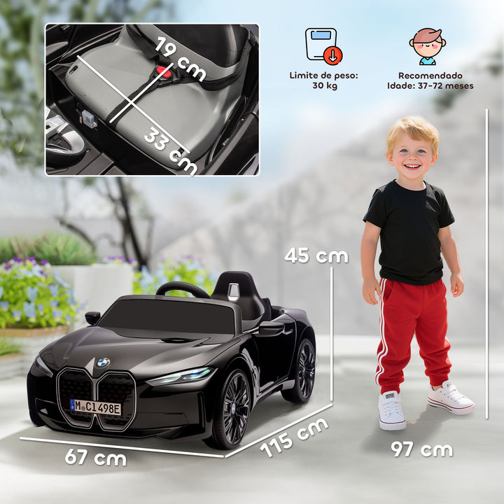 Carro Elétrico para Crianças 37-72 Meses com Licença BMW i4 Carro a Bateria 12V com Controlo Remoto Música MP3 Ecrã Luzes e Cinto de Segurança 115x67x45 cm Preto
