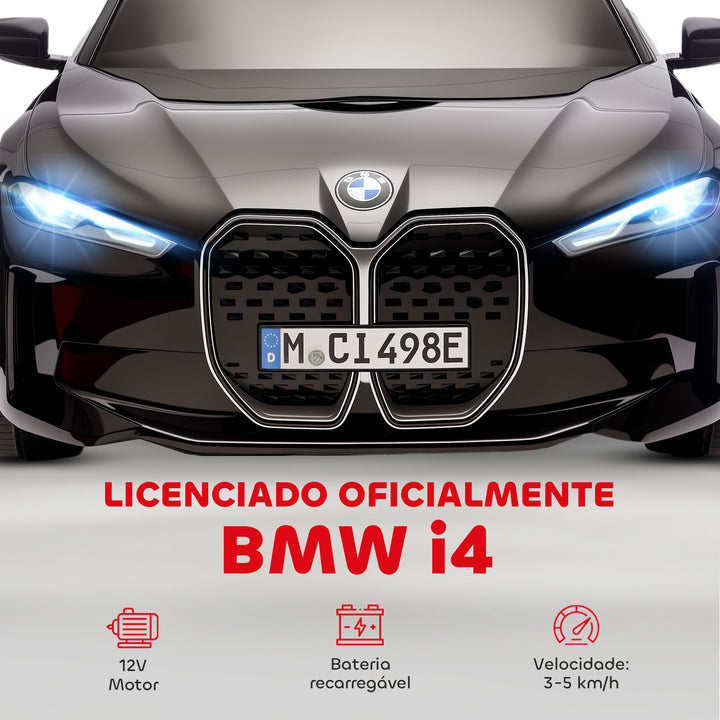 Carro Elétrico para Crianças 37-72 Meses com Licença BMW i4 Carro a Bateria 12V com Controlo Remoto Música MP3 Ecrã Luzes e Cinto de Segurança 115x67x45 cm Preto