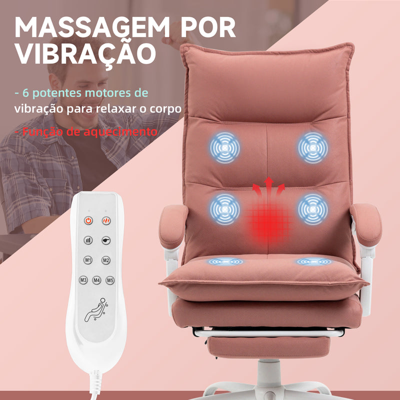 Cadeira de Escritório com 6 Pontos de Massagem e 5 Modos Cadeira de Escritório Reclinável com Função de Aquecimento Altura Ajustável e Rodas para Estúdio 66x74x114-121,5 cm Rosa