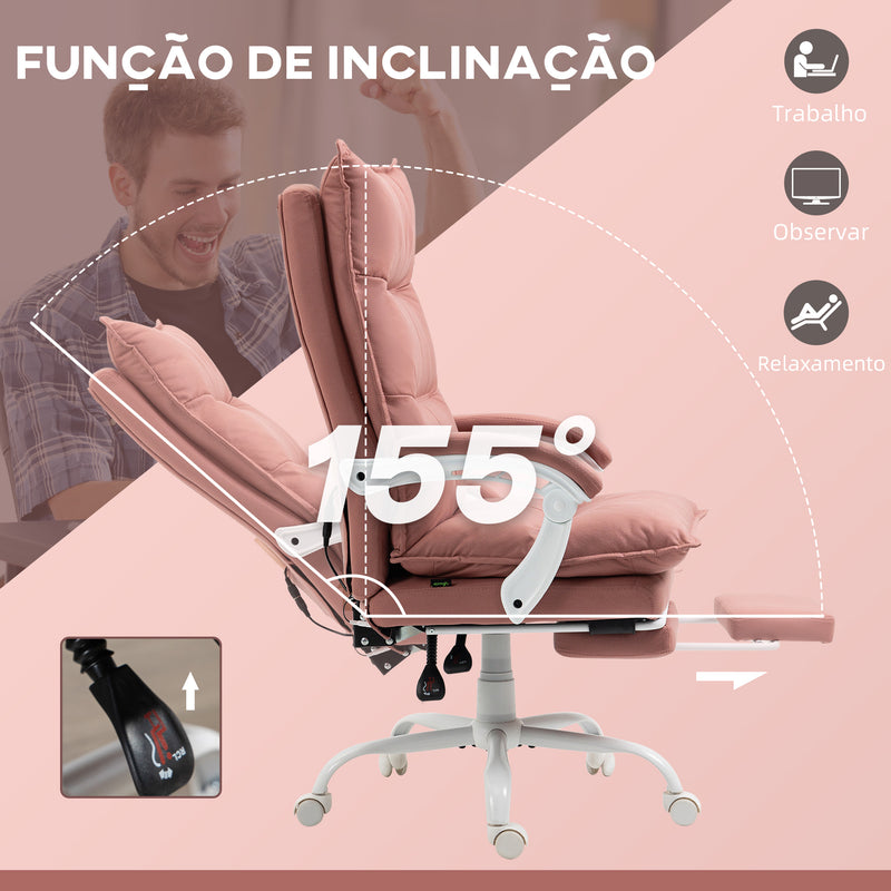 Cadeira de Escritório com 6 Pontos de Massagem e 5 Modos Cadeira de Escritório Reclinável com Função de Aquecimento Altura Ajustável e Rodas para Estúdio 66x74x114-121,5 cm Rosa