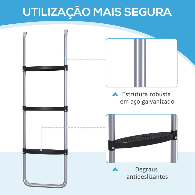 Escada para Trampolim de Aço Escada para Trampolim de 3 ou 2 Degraus com Degraus Largos e 2 Ganchos Capacidade 120 kg 110x32 cm Prata