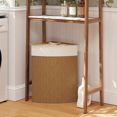 Cesto para Roupa Suja de Bambu de 55L com Tampa e Asa Cesto de Roupa Suja com Saco Extraível e Lavável para Casa de Banho Quarto, 35x35x60 cm Castanho