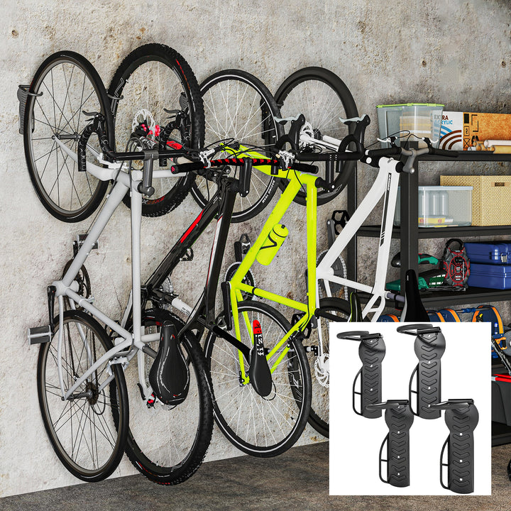 Conjunto de Suportes de Parede para Bicicletas com 4 Peças Gancho Dobrável para Bicicleta até 30 kg Suporte de Armazenamento Vertical com Parafusos para Casa Garagem e Cave Preto