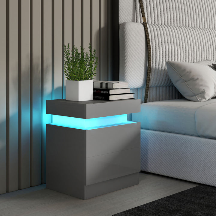Mesa de Cabeceira com Luz LED Mesa de Cabeceira com Painel de Alto Brilho 2 Gavetas e Controlo Remoto para Sala de Estar Dormitório 45x35x52 cm Cinzento