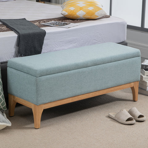 Banco Pé de Cama com Arrumação 72L Banco com Armazenamento Estofado em Linho com Pés de Madeira e Almofadas Ajustáveis para Entrada Sala de Estar 110x39x45 cm Cinzento Azulado