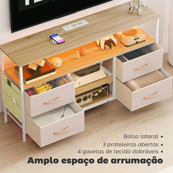 Móvel de TV com Luz LED Móvel de TV para Sala com Tomadas Portas USB Prateleiras Abertas 4 Gavetas de Tecido e Bolso para Televisão até 50 Polegadas 120x30x67,5 cm Bege e Madeira