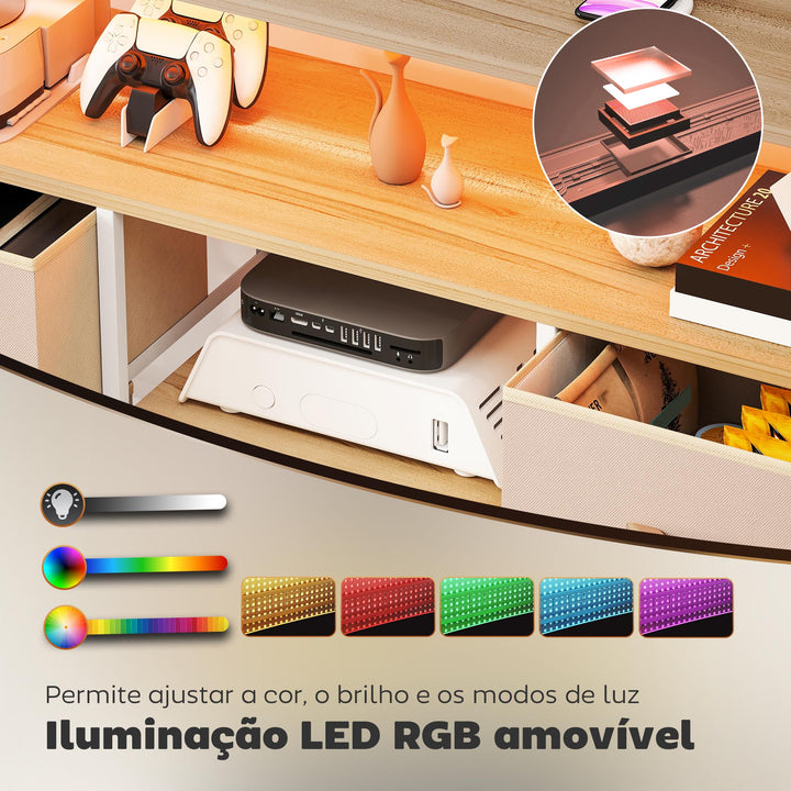 Móvel de TV com Luz LED Móvel de TV para Sala com Tomadas Portas USB Prateleiras Abertas 4 Gavetas de Tecido e Bolso para Televisão até 50 Polegadas 120x30x67,5 cm Bege e Madeira