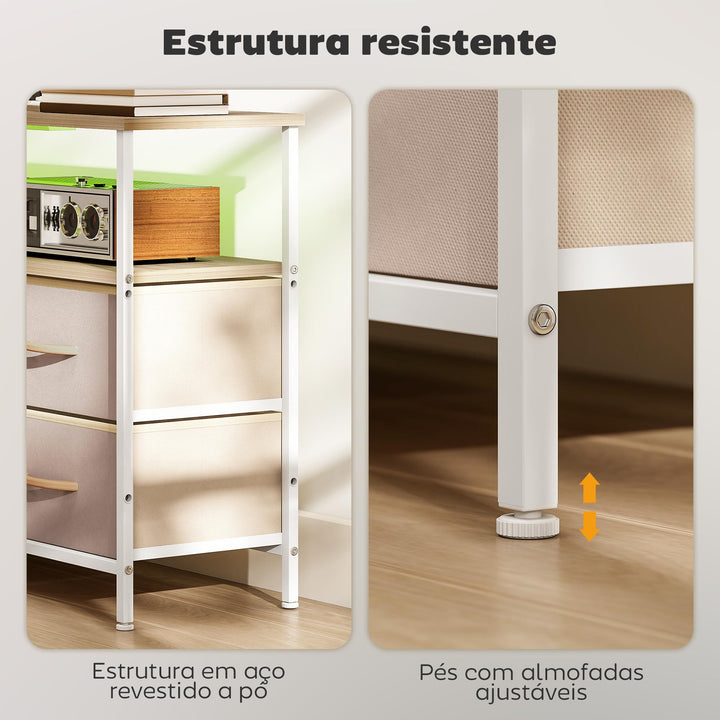 Móvel de TV com Luz LED Móvel de TV para Sala com Tomadas Portas USB Prateleiras Abertas 4 Gavetas de Tecido e Bolso para Televisão até 50 Polegadas 120x30x67,5 cm Bege e Madeira