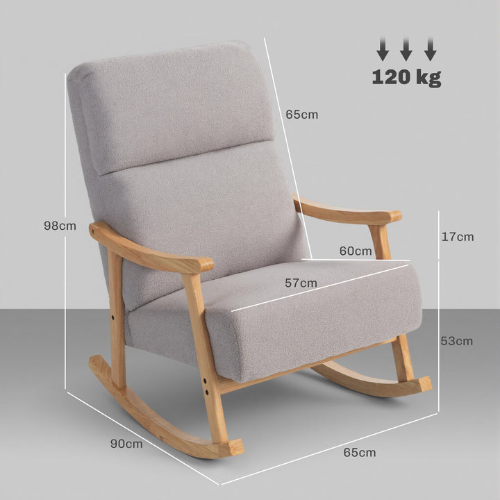 Poltrona Baloiço Moderna Poltrona Baloiço com Pés e Apoio para os Braços de Madeira de Faia Encosto Alto Poltrona de Amamentação Carga 120 kg para Dormitório Sala de Estar 65x90x98 cm Cinza