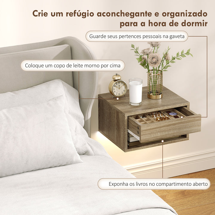 Conjunto de 2 Mesas de Cabeceira Flutuantes com Luzes LED RGB Controlo por APP Mesas de Cabeceira para Quarto com Gaveta Prateleira Aberta 37x32x21 cm Madeira