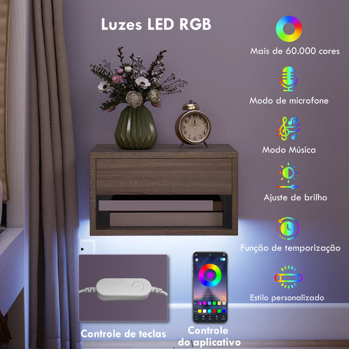 Conjunto de 2 Mesas de Cabeceira Flutuantes com Luzes LED RGB Controlo por APP Mesas de Cabeceira para Quarto com Gaveta Prateleira Aberta 37x32x21 cm Madeira