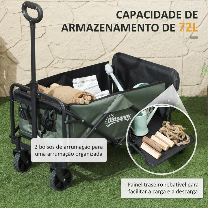 Carrinho de Transporte com Rodas Carrinho de Jardim Dobrável com Puxador Telescópico Ajustável Porta Traseira Expansível Carga 90 kg Carrinho de Praia 114x46x65-92 cm Verde