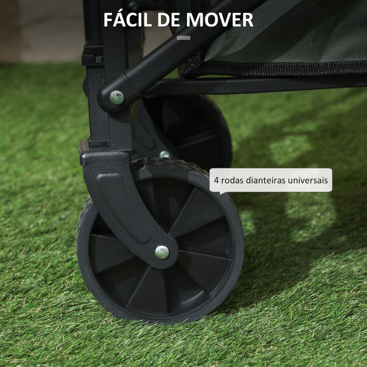 Carrinho de Transporte com Rodas Carrinho de Jardim Dobrável com Puxador Telescópico Ajustável Porta Traseira Expansível Carga 90 kg Carrinho de Praia 114x46x65-92 cm Verde