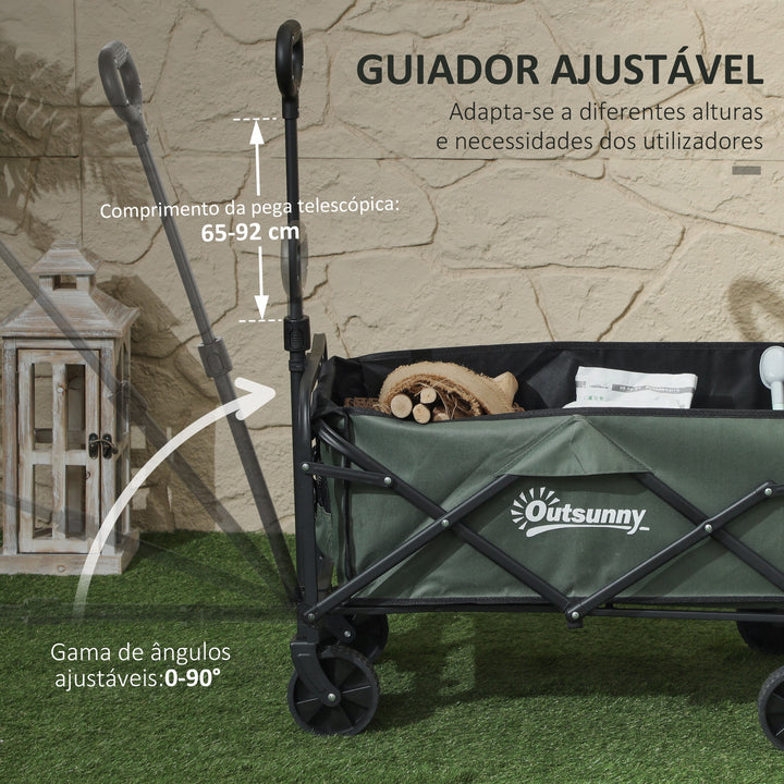 Carrinho de Transporte com Rodas Carrinho de Jardim Dobrável com Puxador Telescópico Ajustável Porta Traseira Expansível Carga 90 kg Carrinho de Praia 114x46x65-92 cm Verde