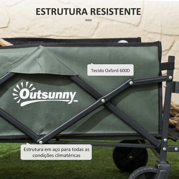 Carrinho de Transporte com Rodas Carrinho de Jardim Dobrável com Puxador Telescópico Ajustável Porta Traseira Expansível Carga 90 kg Carrinho de Praia 114x46x65-92 cm Verde