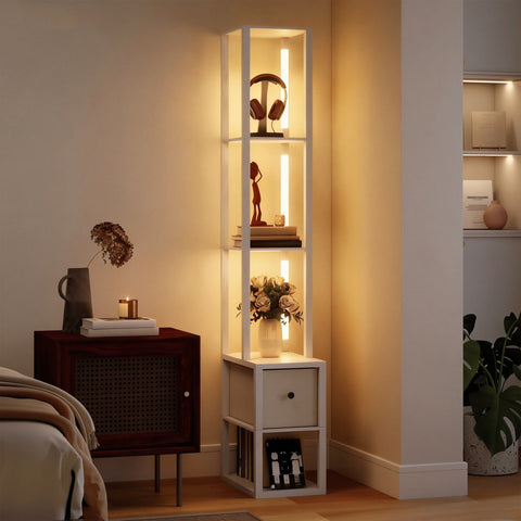 Candeeiro de Pé Moderno 169 cm com Prateleiras Abertas Candeeiro de Pé para Sala de Estar com Gaveta de Tecido e Interruptor de Pé Branco