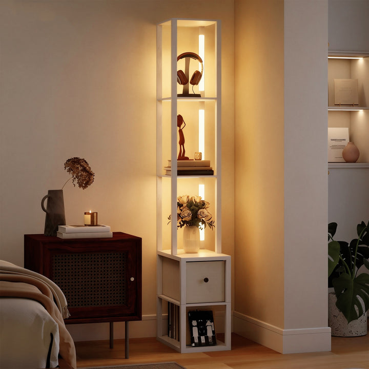 Candeeiro de Pé Moderno 169 cm com Prateleiras Abertas Candeeiro de Pé para Sala de Estar com Gaveta de Tecido e Interruptor de Pé Branco