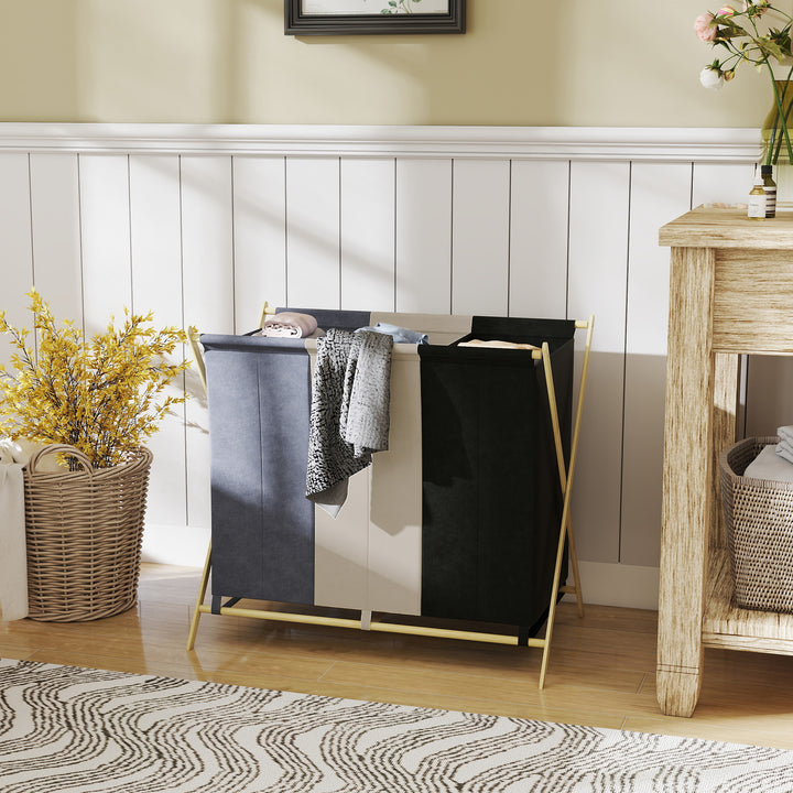 Cesto para Roupa Suja Dobrável com 3 Compartimentos Capacidade de 129L Cesto para a Lavandaria com Estrutura em Forma de X de Bambu e Sacos Removíveis 75x48x67 cm Multicolor
