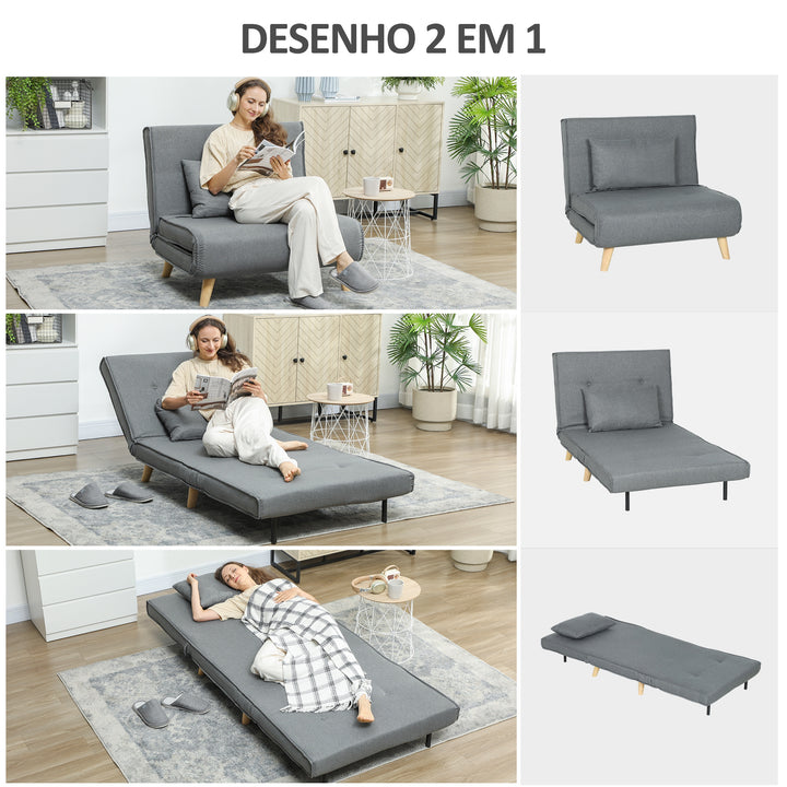 Poltrona 2 em 1 Sofá Cama Individual Dobrável com Encosto Ajustável e Almofada para Sala de Estar Dormitório Escritório Carga 125 kg 90x78x79 cm Cinza