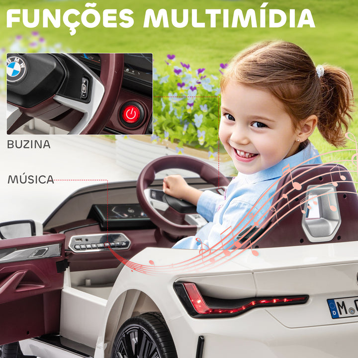 Carro Elétrico para Crianças 37-72 Meses com Licença BMW i4 Carro a Bateria 12V com Controlo Remoto Música MP3 Ecrã Luzes e Cinto de Segurança 115x67x45 cm Branco