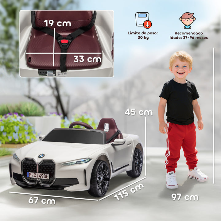 Carro Elétrico para Crianças 37-72 Meses com Licença BMW i4 Carro a Bateria 12V com Controlo Remoto Música MP3 Ecrã Luzes e Cinto de Segurança 115x67x45 cm Branco