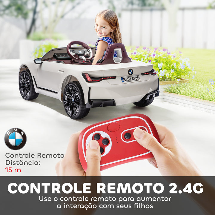 Carro Elétrico para Crianças 37-72 Meses com Licença BMW i4 Carro a Bateria 12V com Controlo Remoto Música MP3 Ecrã Luzes e Cinto de Segurança 115x67x45 cm Branco