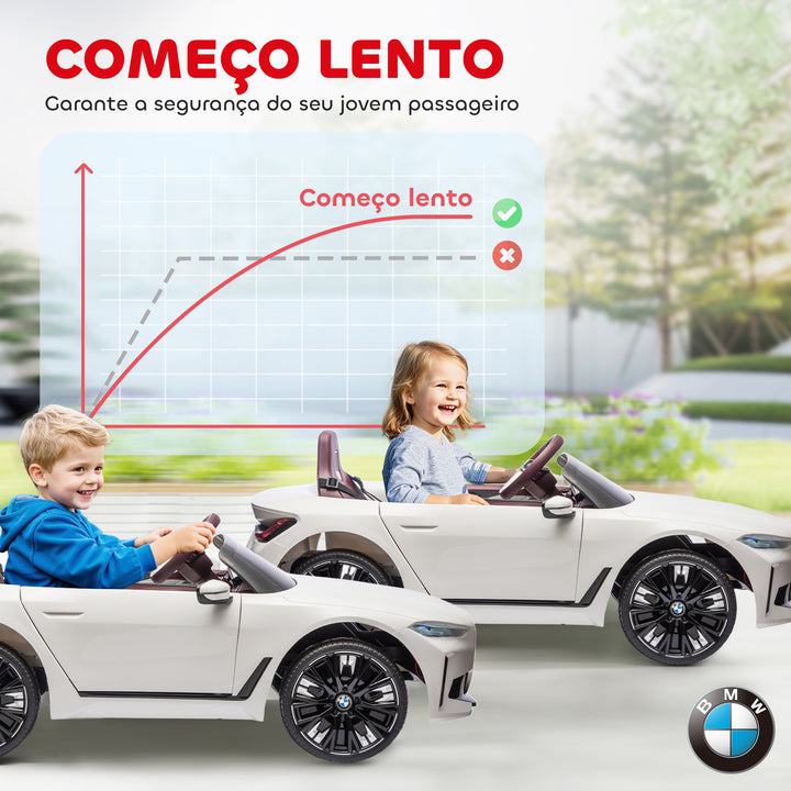 Carro Elétrico para Crianças 37-72 Meses com Licença BMW i4 Carro a Bateria 12V com Controlo Remoto Música MP3 Ecrã Luzes e Cinto de Segurança 115x67x45 cm Branco