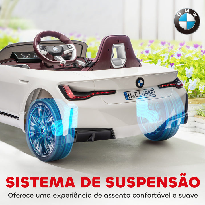 Carro Elétrico para Crianças 37-72 Meses com Licença BMW i4 Carro a Bateria 12V com Controlo Remoto Música MP3 Ecrã Luzes e Cinto de Segurança 115x67x45 cm Branco