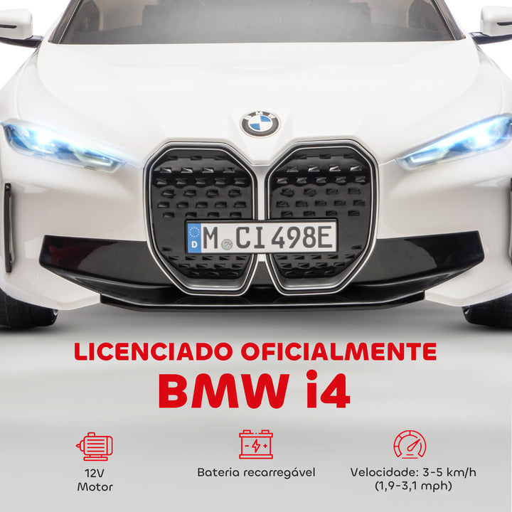 Carro Elétrico para Crianças 37-72 Meses com Licença BMW i4 Carro a Bateria 12V com Controlo Remoto Música MP3 Ecrã Luzes e Cinto de Segurança 115x67x45 cm Branco