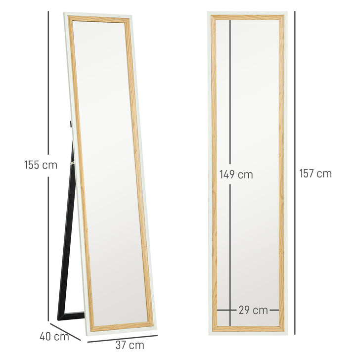 Espelho de Pé 37x157 cm Espelho de Corpo Inteiro com Estrutura de MDF e Suporte para Sala de Estar Dormitório Branco e Madeira Escura