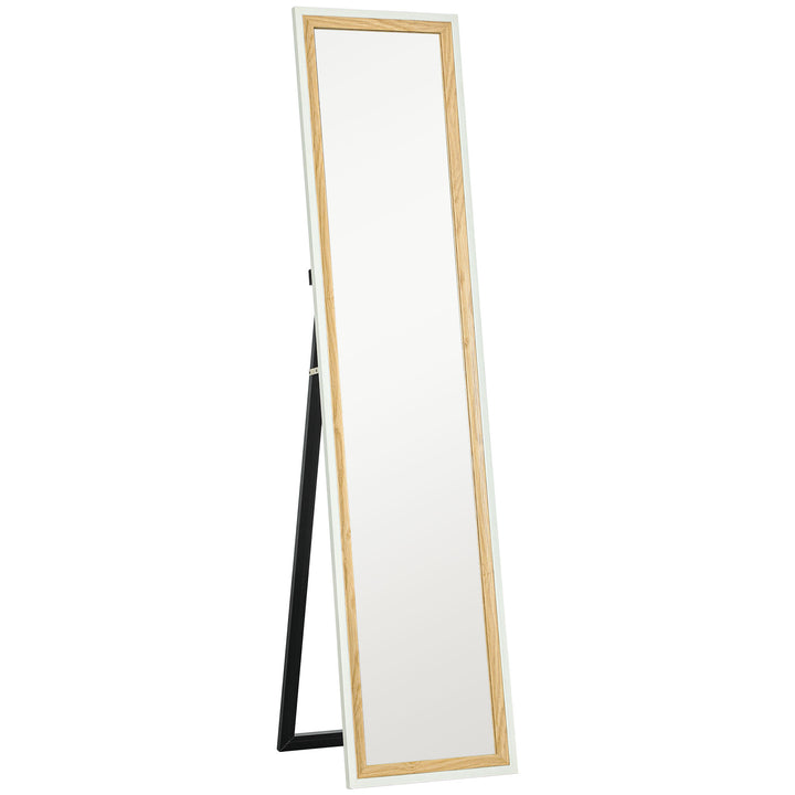 Espelho de Pé 37x157 cm Espelho de Corpo Inteiro com Estrutura de MDF e Suporte para Sala de Estar Dormitório Branco e Madeira Escura