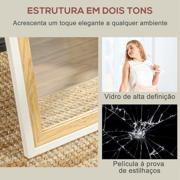 Espelho de Pé 37x157 cm Espelho de Corpo Inteiro com Estrutura de MDF e Suporte para Sala de Estar Dormitório Branco e Madeira Escura