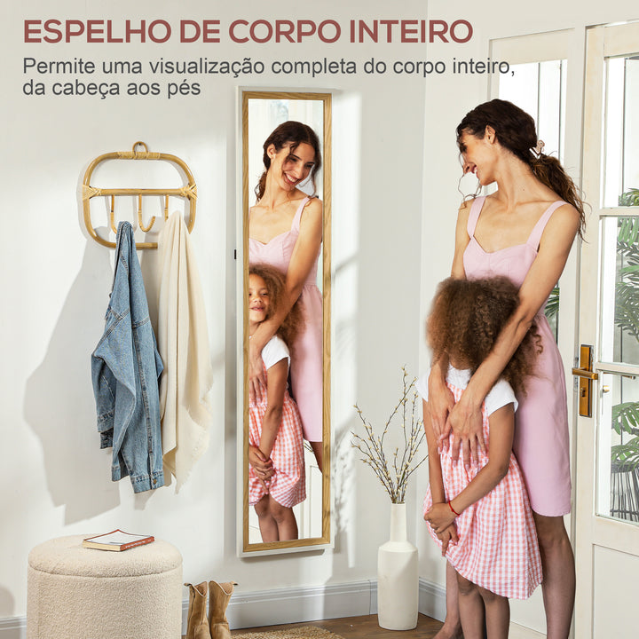 Espelho de Pé 37x157 cm Espelho de Corpo Inteiro com Estrutura de MDF e Suporte para Sala de Estar Dormitório Branco e Madeira Escura