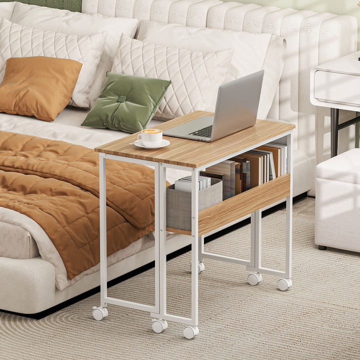 Secretária Dobrável com Rodas e Prateleira Mesa Secretária Compacta com Bolsa de Armazenamento Mesa para Computador Portátil para Casa Escritório Espaços Pequenos 80x50x75 cm Madeira e Branco