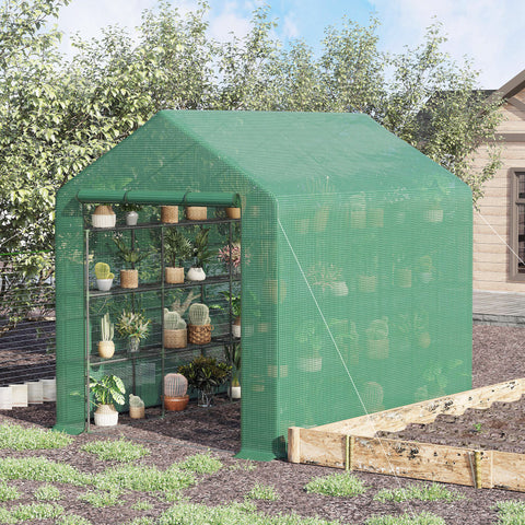 Estufa de Jardim Estufa de Exterior com Prateleiras de 4 Níveis Porta com Fecho de Correr e Estrutura de Aço Estufa Pequena Estufa para Cultivar Plantas Flores 244x180x210 cm Verde