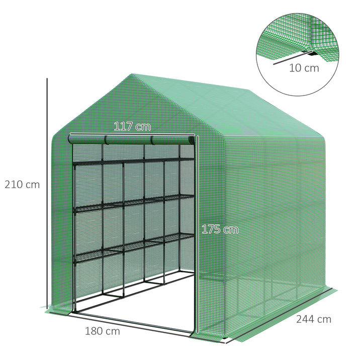 Estufa de Jardim Estufa de Exterior com Prateleiras de 4 Níveis Porta com Fecho de Correr e Estrutura de Aço Estufa Pequena Estufa para Cultivar Plantas Flores 244x180x210 cm Verde
