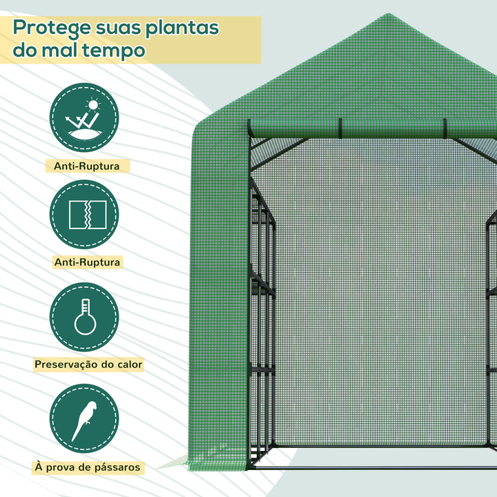 Estufa de Jardim Estufa de Exterior com Prateleiras de 4 Níveis Porta com Fecho de Correr e Estrutura de Aço Estufa Pequena Estufa para Cultivar Plantas Flores 244x180x210 cm Verde