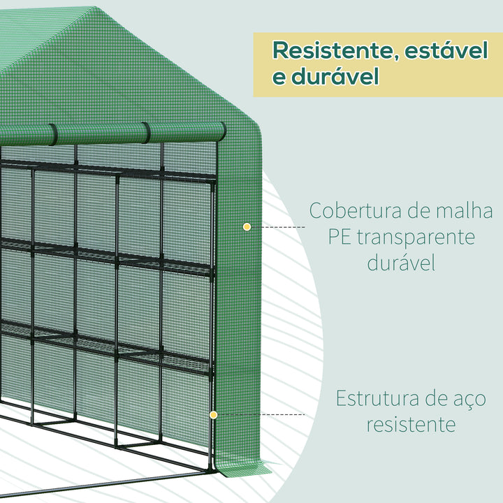 Estufa de Jardim Estufa de Exterior com Prateleiras de 4 Níveis Porta com Fecho de Correr e Estrutura de Aço Estufa Pequena Estufa para Cultivar Plantas Flores 244x180x210 cm Verde