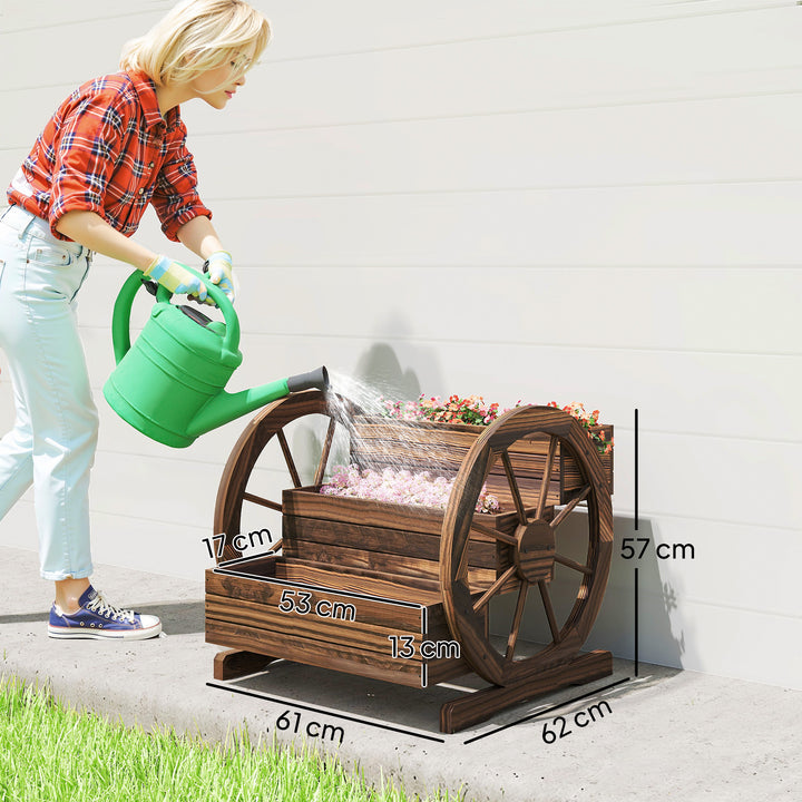 Floreira de Madeira para Exterior 3 Níveis com Design em Escada e Rodas Orifícios de Drenagem Horta Urbana para Plantas e Flores Terraço e Jardim 61x62x57 cm Carbonizado