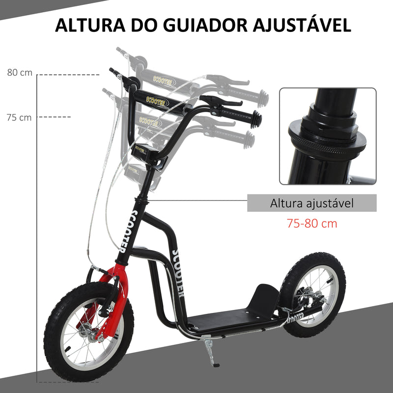 Trotinete para Crianças acima de 5 Anos Trotinete Infantil com Guiador Ajustável em Altura Travão Duplo e Estrutura de Aço Carga 100 kg para Adolescentes 120x58x75-80 cm Preto