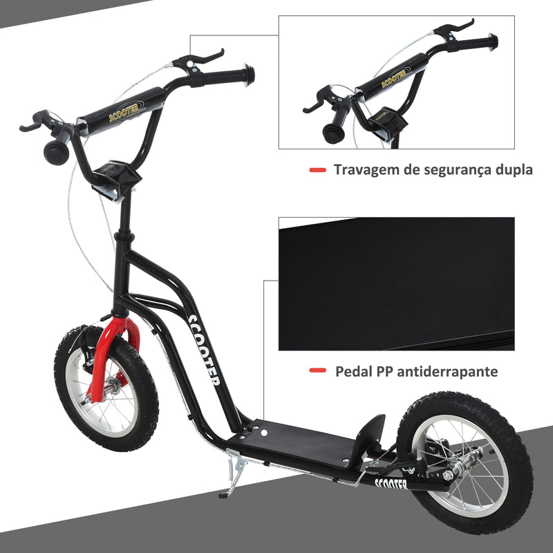 Trotinete para Crianças acima de 5 Anos Trotinete Infantil com Guiador Ajustável em Altura Travão Duplo e Estrutura de Aço Carga 100 kg para Adolescentes 120x58x75-80 cm Preto