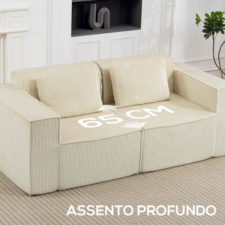 Sofá de 3 Lugares Sofá de Sala 202x90x76 cm Revestido em Veludo Cotelê Acolchoamento Espesso Assento Extra Profundo Braços Largos Montagem Rápida 2 Almofadas Bege