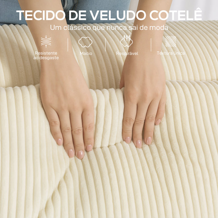 Sofá de 3 Lugares Sofá de Sala 202x90x76 cm Revestido em Veludo Cotelê Acolchoamento Espesso Assento Extra Profundo Braços Largos Montagem Rápida 2 Almofadas Bege