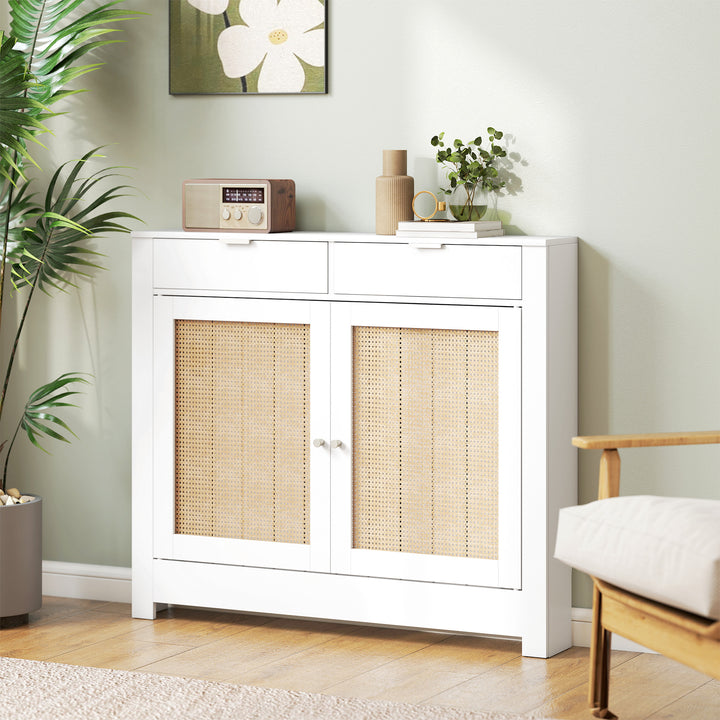 Cobertura para Radiador com Portas Rebatíveis e Vime Proteção Radiador de MDF 111x19x95,5 cm com Compartimento Desenho Boémio para Sala Quarto Branco