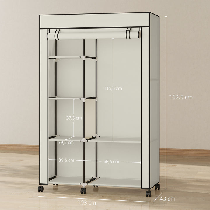 Roupeiro de Tecido Dobrável Armário de Roupa Portátil com 6 Prateleiras 1 Barra de Pendurar e Rodas para Dormitório Vestidor 103x43x162,5 cm Creme